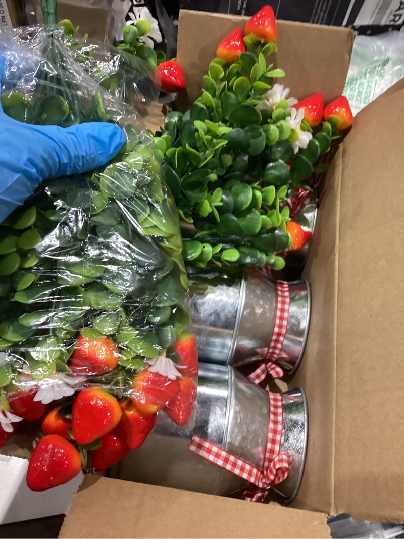 Condition photo showing Good Condition for 3 pack strawberry mason jar table centerpiece, artificial strawberry home centerpieces fake strawberry daisy plants with faux leaves for summer farmhouse wedding decor, tiered tray tabletop display