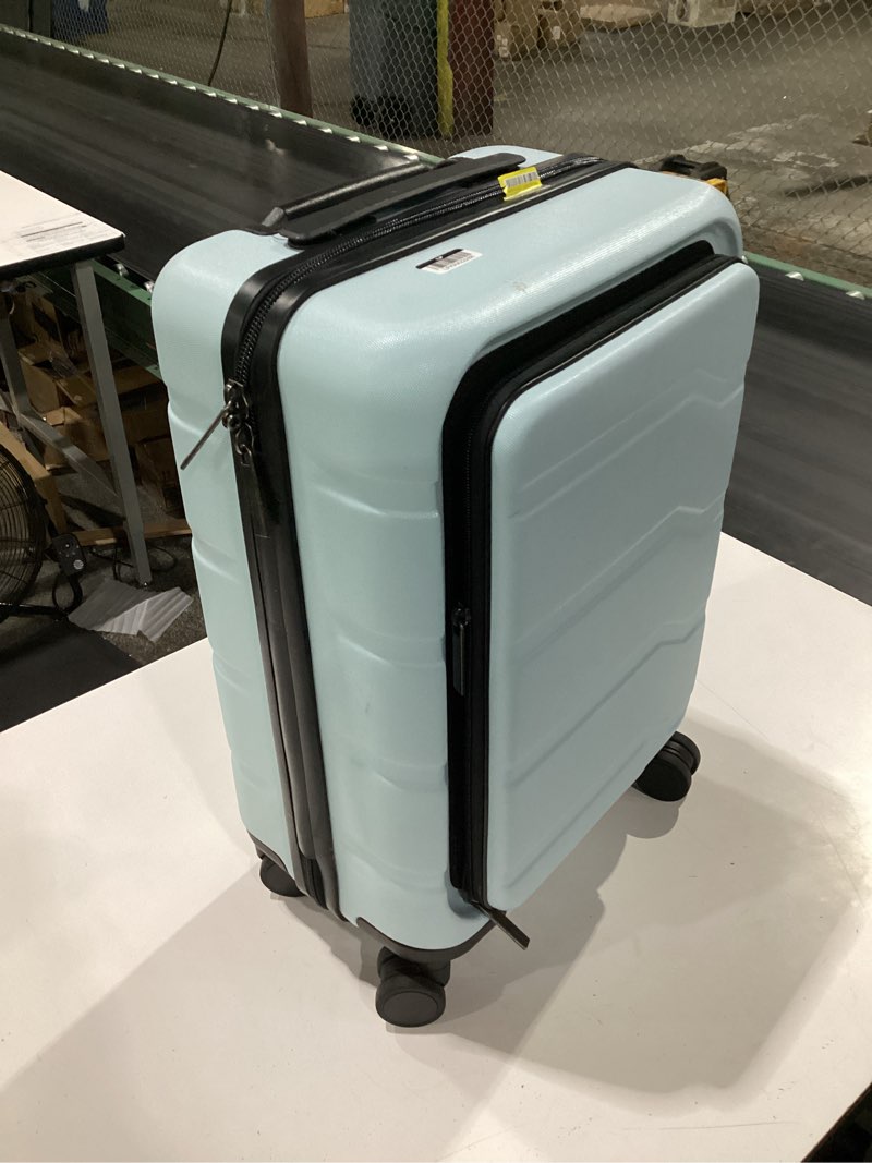 Condition photo showing Good Condition for hardside carry on spinner wheels suitcase - open story- aqua blue