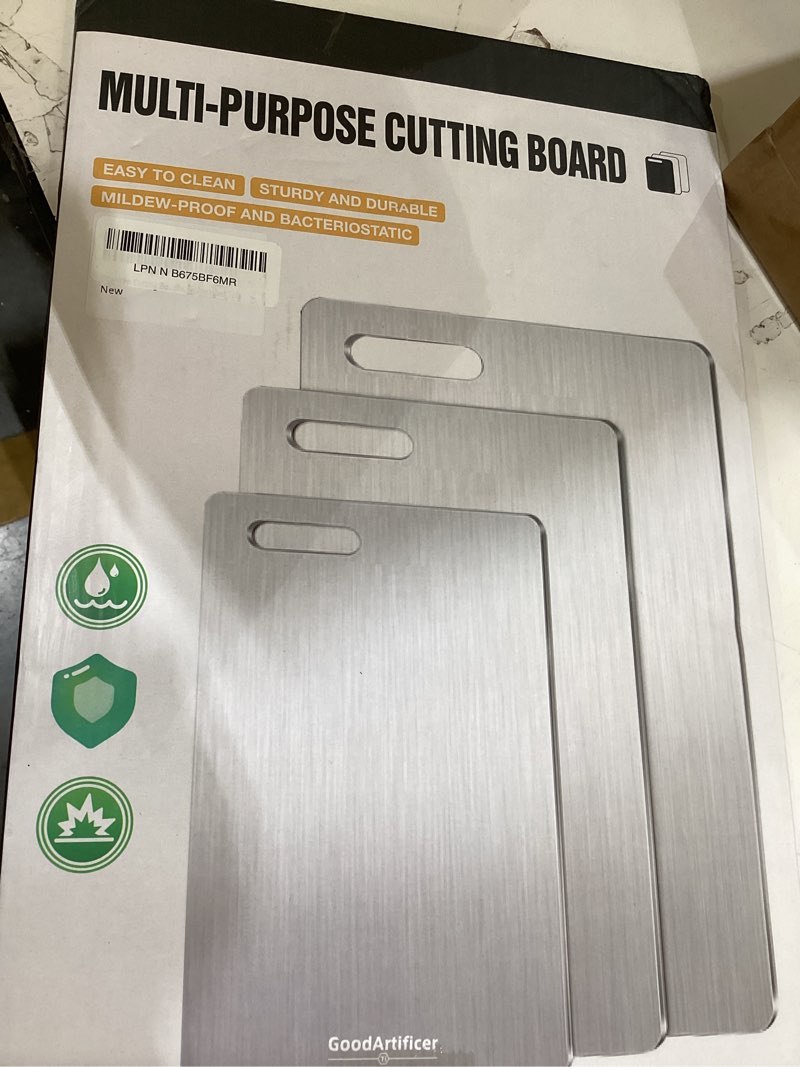 Condition photo showing New/Like New for titanium cutting boards set of 3, 100% pure titanium kitchen cutting board, double-sided non-toxic cutting board, ideal for slicing and dicing meats, features handle, dishwasher safe silver 16"l*10"w(s+m+l)