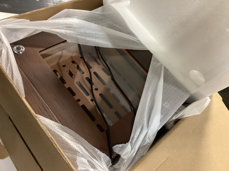 Condition photo showing Good Condition for XIFEI Cigar Humidor Cabinet, Glass Top & Adjustable LED Lighting, Digital Hygrometer, 2 Humidifiers, Cigar Tube, Desktop Cedar Wood Humidor with Accessory Drawer for 80-100 Cigars, Ideal Men's Gift Dark Brown