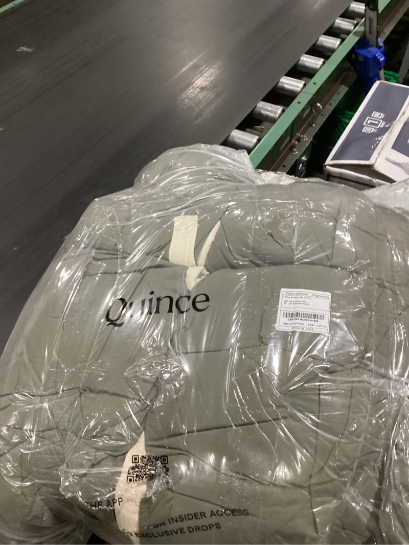 Condition photo showing As Is for cotton pintuck comforter, king/cal king, dusty olive