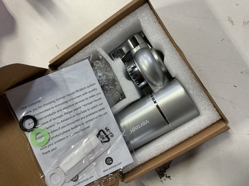 Condition photo showing New/Like New for Vortopt Faucet Filter, NSF Certified, 400 Gallon High Efficiency Water Purification System, Fast 99% Chlorine & Odor Removal, Modern Simple Silver with 1 Water Filter?T1-Silver? Silver-1Filter
