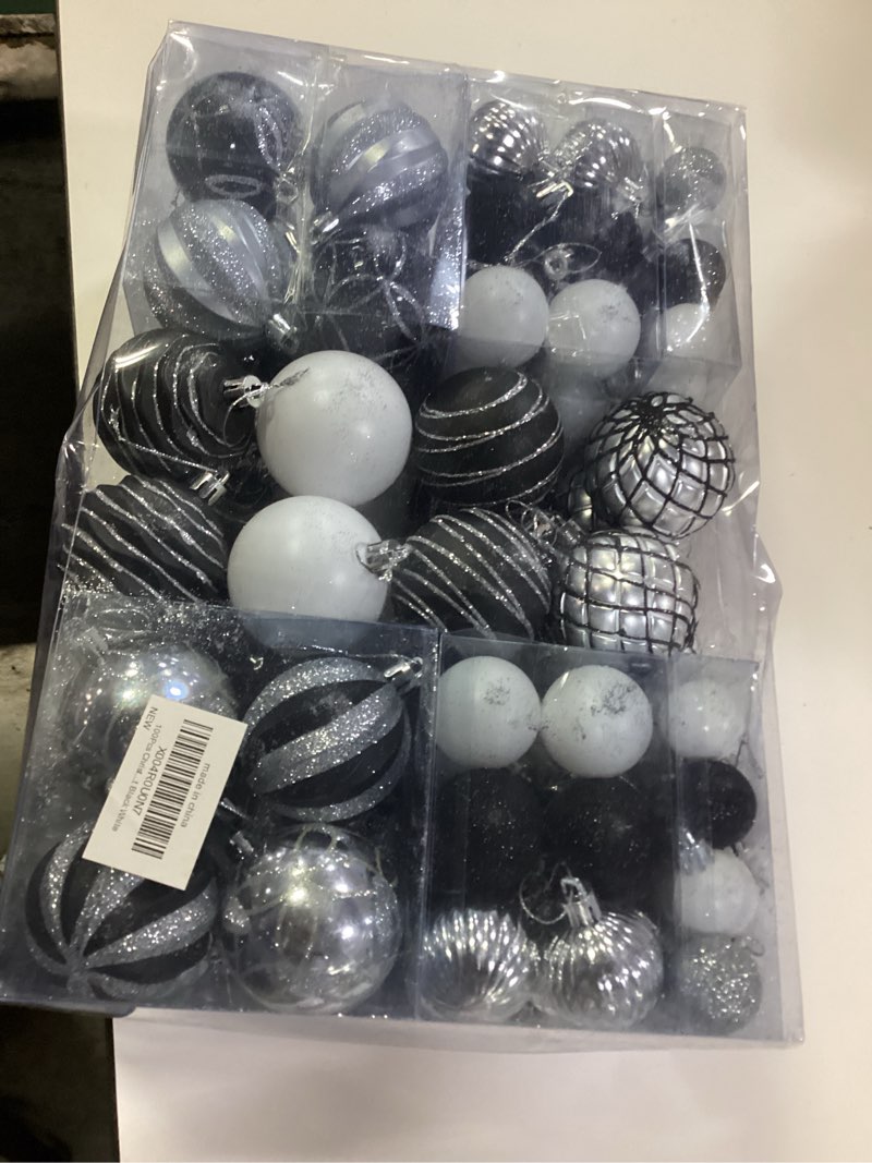 Condition photo showing New/Like New for 100PCS Shatterproof Christmas Ball Ornaments Set, Premium Xmas Tree Decorations for Family with Kids & Pets, Multi-Size Mix for Large Tree, Wreath, Garland & Home Decor, Black White