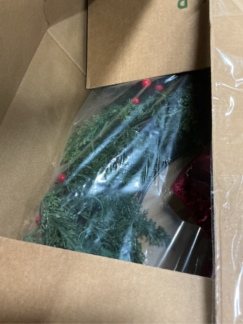 Condition photo showing Good Condition for 26 Inch Christmas Wreaths for Front Door with Lights,Lighted Cedar Door Wreath,Prelit Real Touch Artificial Green Winter Wreath with Large Burgundy Velvet Bow for Indoor Outdoor Decor 1-cedar Door Wreath 26 Inch