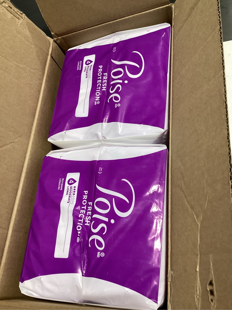 Condition photo showing New/Like New for poise incontinence & postpartum pads for bladder leaks, 4 drop moderate absorbency, long length, 108 count, packaging may vary long 108