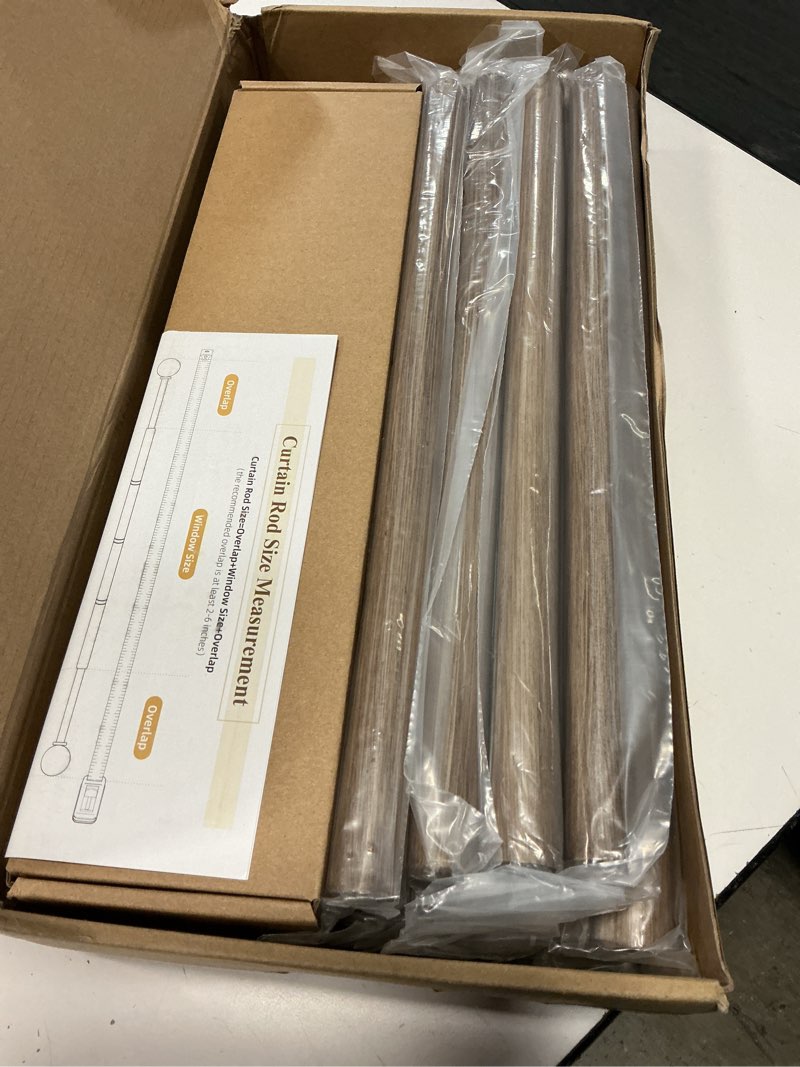Condition photo showing New/Like New for 2 pack boho wood curtain rods for windows 48 to 84 inch, 1" adjustable rustic window curtain rod with imitation wood grain finials, decorative drapery rods for farmhouse,36-88'', weathered wood weathered wood 36"-88"(2 pack)