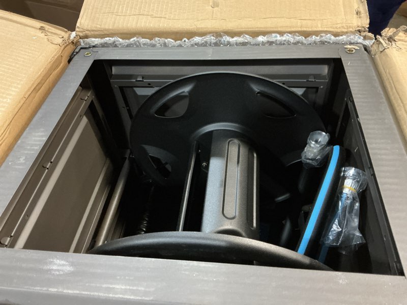 Condition photo showing Good Condition for breezereel heavy duty steel garden hose reel deck box, holds 125 ft x 5/8 inch hose, leak-proof alum