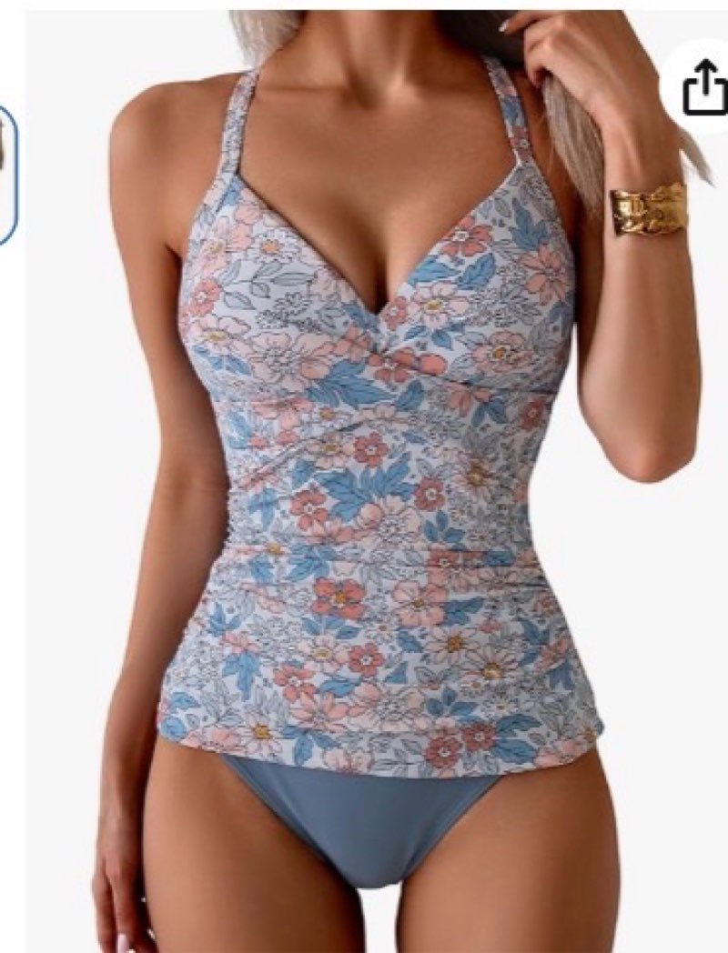 b2prity women's ruched tankini swimsuits v neck wrap tie back two pieces bathing suit tummy control swimwear medium orange floral,light blue