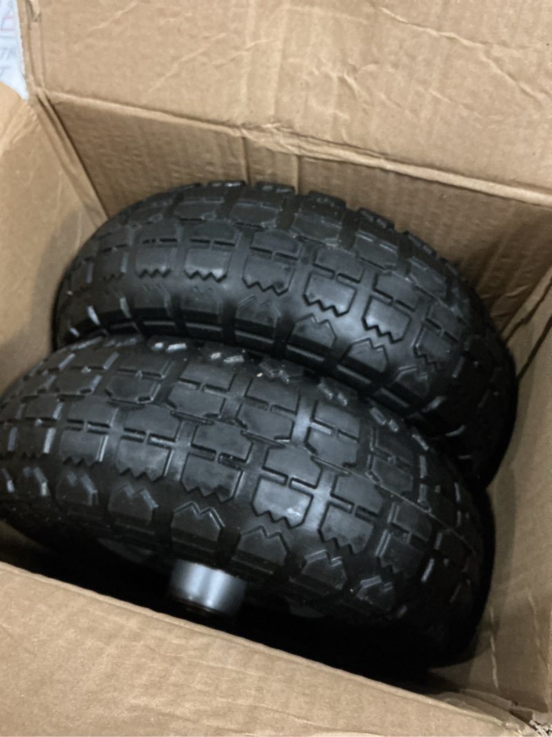 Condition photo showing New/Like New for 4.10/3.50-4" Flat Free Tire and Wheel, 10" Heavy Duty Solid Tire, 5/8" Axle Bore Hole, 2.2" Offset Hub, for Hand Truck Garden Cart Wagon Trolley Dolly, 2 Pack