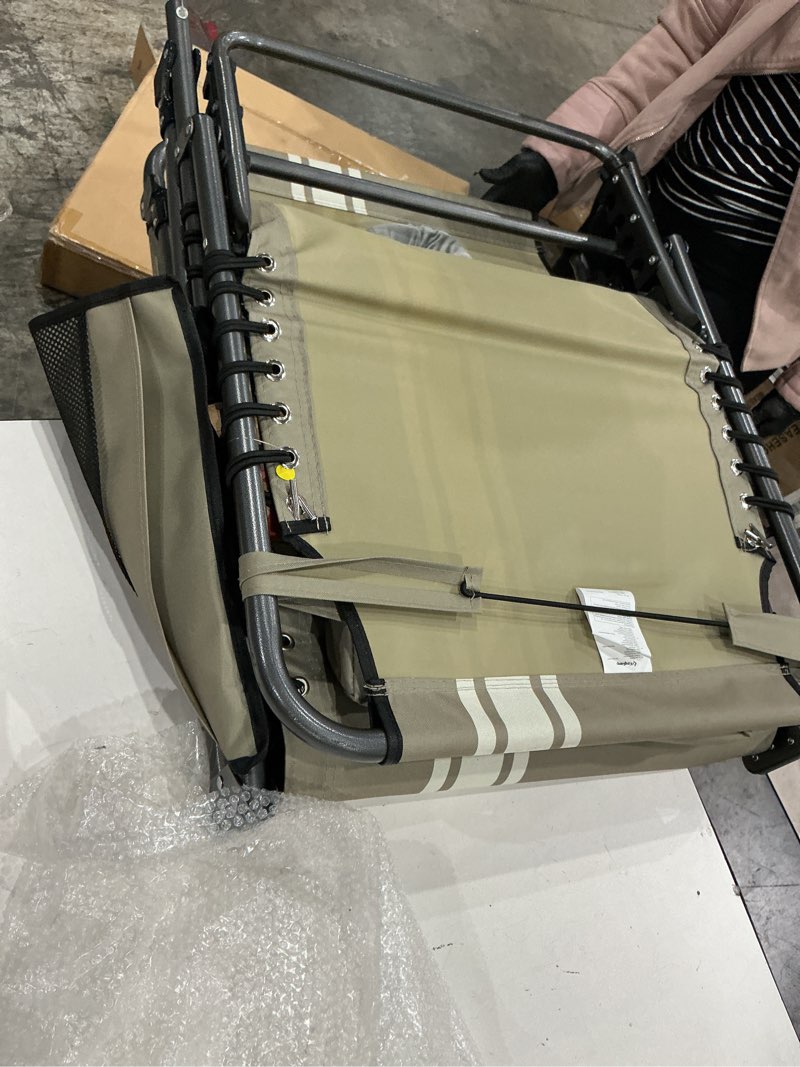 Condition photo showing Good Condition for kingcamp lounge chair outdoor, folding portable tanning chairs comfy adjustable 5-position lay flat foldable chaise chaser lounger with face hole for outside beach patio sun bathing pool, beige/white beige/white face hole trifold sunbask face hole