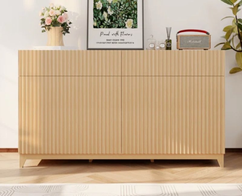 63" Fluted Storage Cabinet Sideboard Buffet With Adjustable Shelves, Wood Credenza Multifunctional Accent Cabinet For Kitchen Dining Living Room Entryway