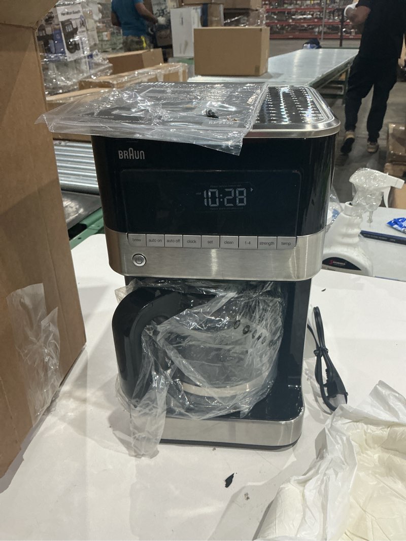 Condition photo showing As Is for braun brewsense 12 cup drip coffee maker - pause & pour mid brew, coffee machine with 24-hour timer & clock, bold & regular strength, 1-4 cup functions, self clean, auto shutoff, stainless steel silver