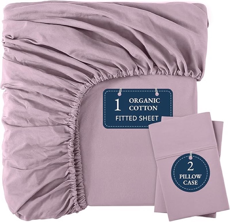 lane linen 100% organic cotton fitted bed sheets (+pillowcase) 3 pc set soft & comfy fully elasticized mercerized cotton deep pocket queen fitted sheet fits mattress upto 15" deep - lilac