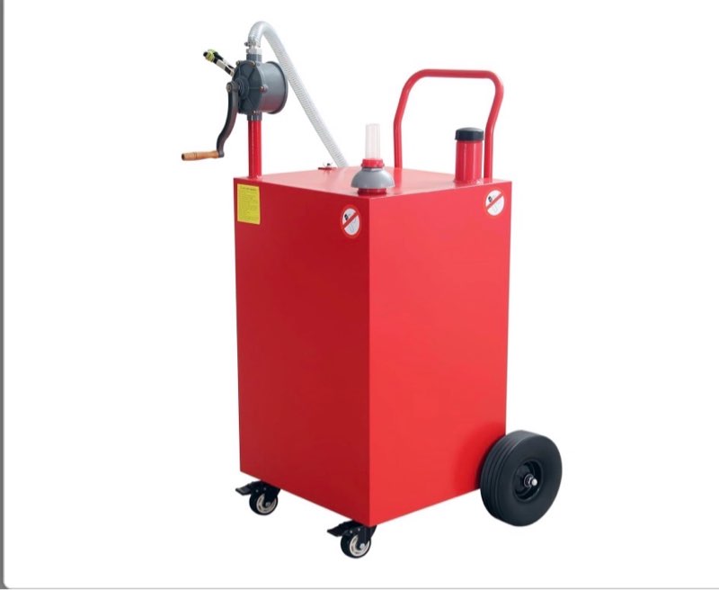 50 gallon fuel caddy with manual transfer pump, mobile fuel transfer can on 4 wheels for gasoline & 