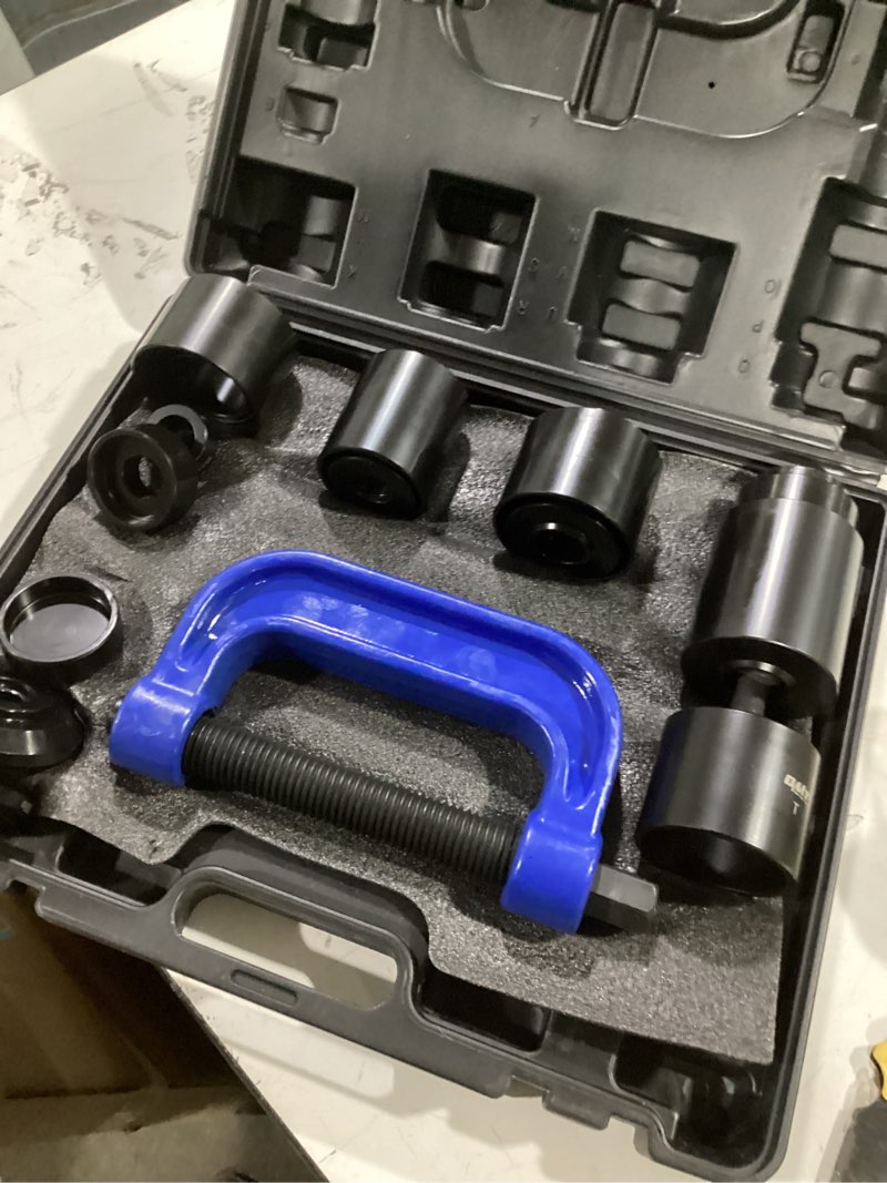Condition photo showing Good Condition for orion motor tech ball joint press kit, 21pc master ball joint removal tool, upper and lower ball joint remover with c frame, heavy duty brake anchor pin u joint ball joint press tool for 2wd 4wd cars blue c-frame black case