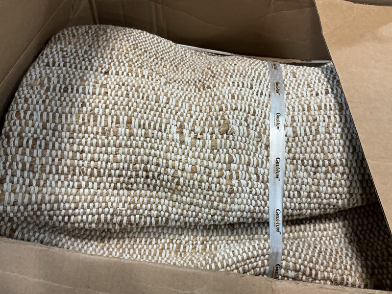 Condition photo showing Good Condition for gruhum jute cotton area rug 8'x10' ft large hand woven natural farmhouse rug for living room, bedroom kitchen - rustic vintage bohemian eco-friendly carpet home décor 8x10 ft natural boho rug 8' x 10' (rectangular) natural - ivory