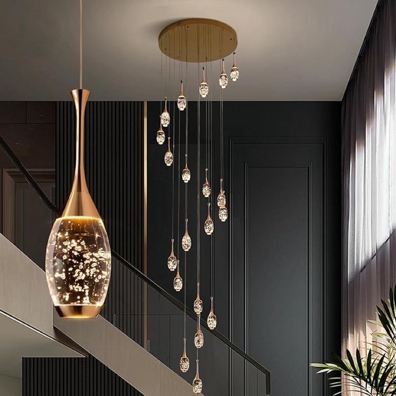High Ceiling Chandelier - Long Chandelier with Dimmable Brightness and 3 Light Options, Perfect Modern Led crystal chandeliers to Elevate Your Staircase, Foyer, Entryway, Living Room - 20 Lights