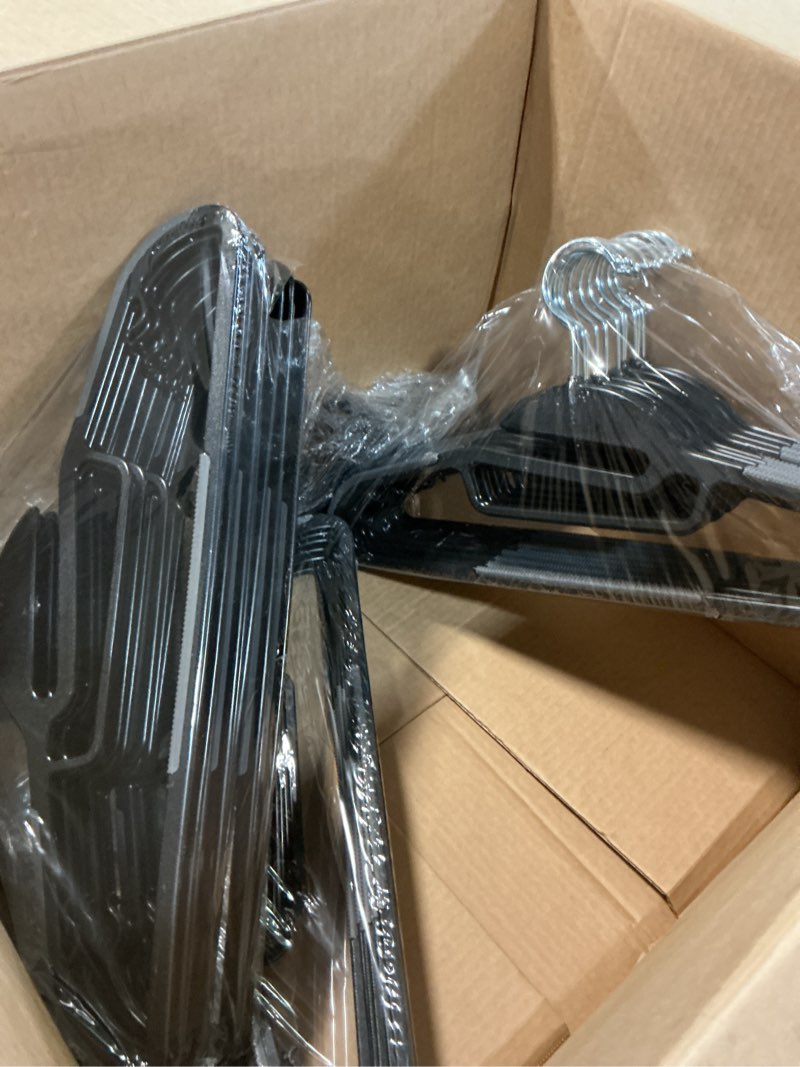 Condition photo showing Good Condition for heavy duty plastic hangers 50 pack with non-slip design,0.2 inches thick,360°swivel hook space saving organizer for bedroom closet,shirts,pants,strong enough for coat(black- s shaped)