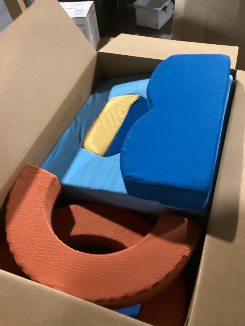 Condition photo showing As Is for (incomplete )22pcs modular kids play couch for toddler - kids sofa bed for playroom, convertible furniture ocean theme modular sofa building fort for inspiring creativity colorful