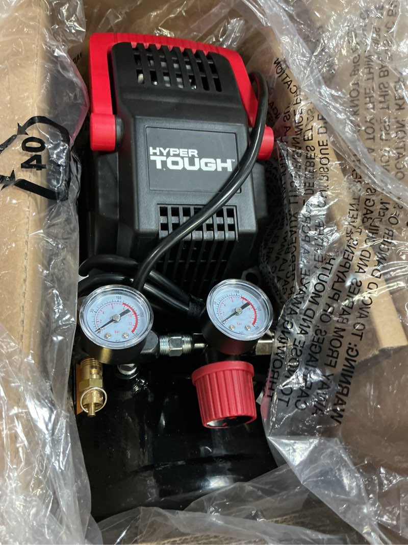 Condition photo showing As Is for hyper tough 3-gallon oil-free portable air compressor 110 psi