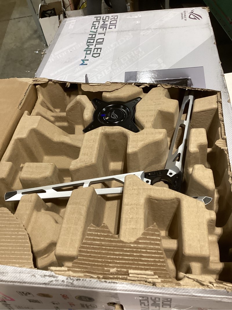 Condition photo showing As Is for incomplete asus rog swift 27\" oled gaming monitor (pg27aqwp-w) - trueblack glossy tandem oled, dual-mode (qhd@540hz, hd@720hz), 0.02ms, g-sync compatible, neo proximity sensor, dp 2.1, 3 yr warranty