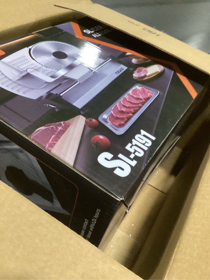 Condition photo showing Good Condition for Meat Slicer, 200W Meat Slicer Machine for Home, DC Motor Quiet Deli Slicer with 2 Removable 7.5'' Stainless Steel Blades, Adjustable Dial for 0-15mm, Electric Food Slicer for Meat, Cheese, Bread Silver