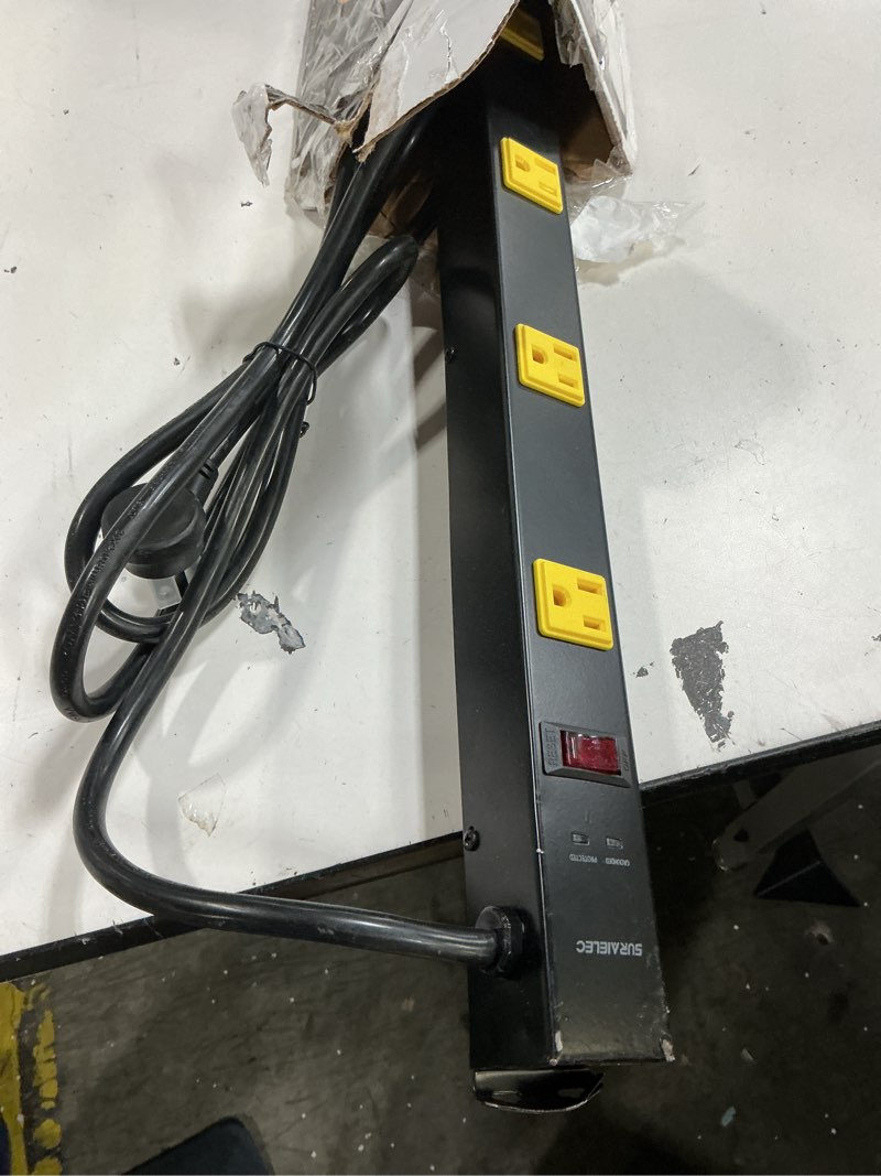 Condition photo showing As Is for suraielec 10 outlet long power strip surge protector, industrial heavy duty metal shop power strip with flat plug, 1000 joules, 15 amp breaker, 6ft cord, wall mountable, for work bench, shop, garage flat plug - 1 pack