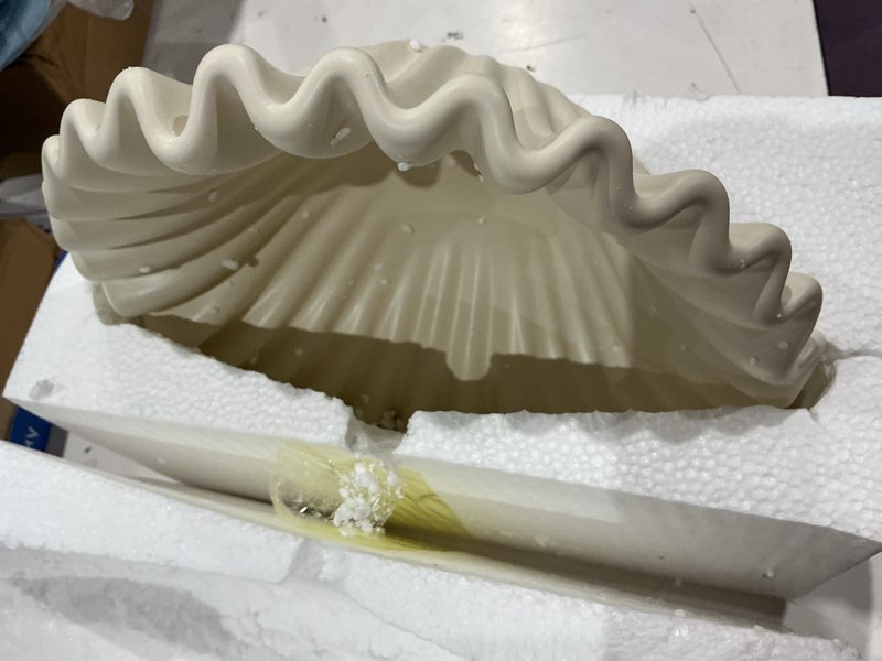 Condition photo showing Good Condition for large decorative bowl, 10 inch white ceramic fruit bowl for kitchen counter, modern scalloped ruffle key bowl decor for jewelry, entryway, dining, coffee table