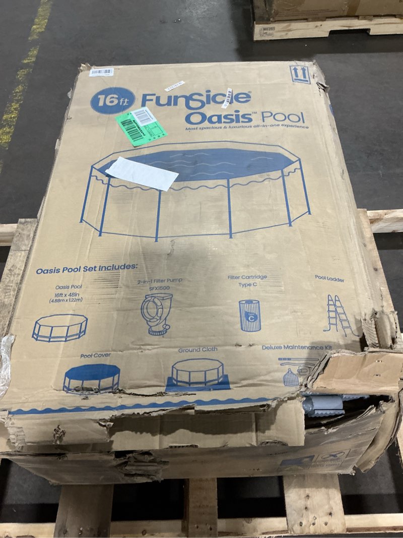 Condition photo showing As Is for (Similar to stock photo) Funsicle 14' x 42\" Oasis Designer Round Frame Above Ground Outdoor Swimming Pool Set with SkimmerPlus Filter Pump, Ladder, and Pool Cover, Gray