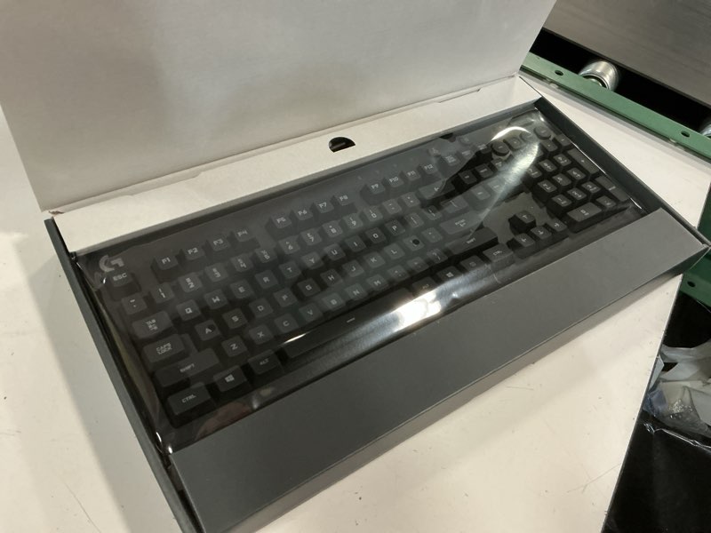 Condition photo showing New/Like New for logitech g213 prodigy gaming keyboard - wired rgb backlit keyboard with mech-dome keys, palm rest, adjustable feet, media controls, usb, compatible with windows – black