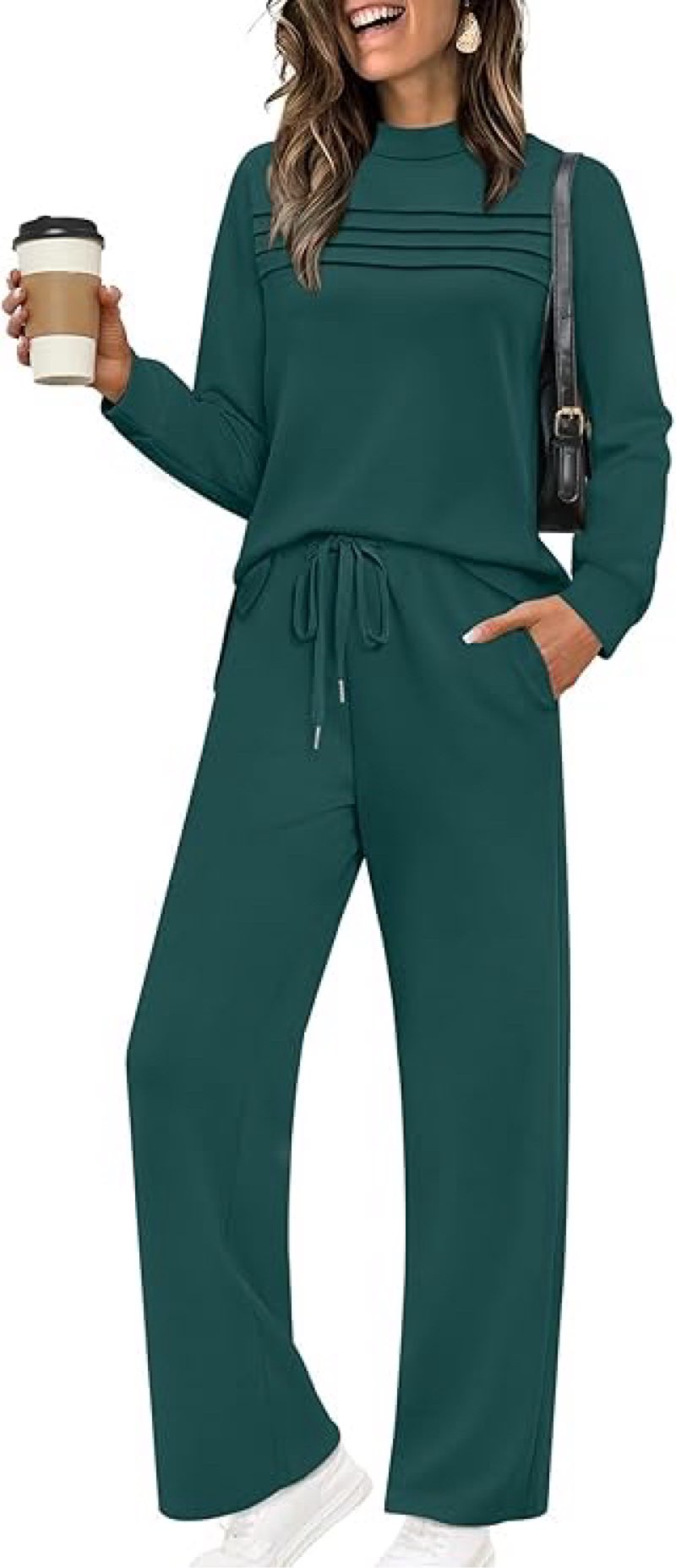 (Sweatshirt only) WIHOLL Two Piece Sets for Women Fall Travel Vacation Outfits Long Sleeve Lounge Sets Side Slit Wide Leg Pants size medium