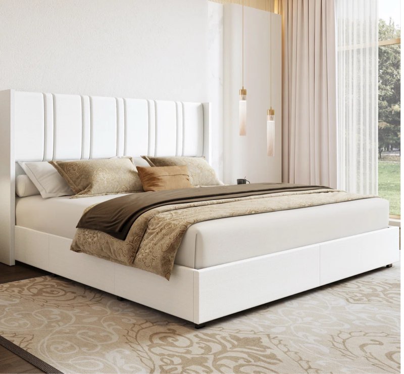 Size King Latitude Run® Linen Upholstered Platform Bed Frame With 4 Storage Drawers And Wingback Headboard, No Box Spring Required, Easy Assembly