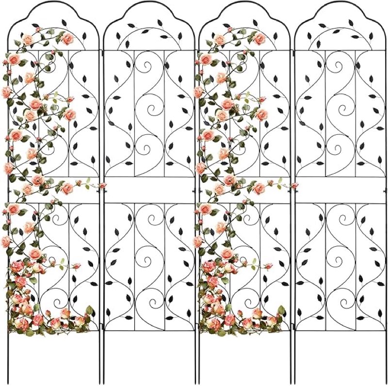 hogardeck 4 packs  60 inch metal garden trellis for climbing plants outdoor,heavy duty,black coating rustproof trellis for rose, vegetable, flowers, expandable,perfect for training climbing plants