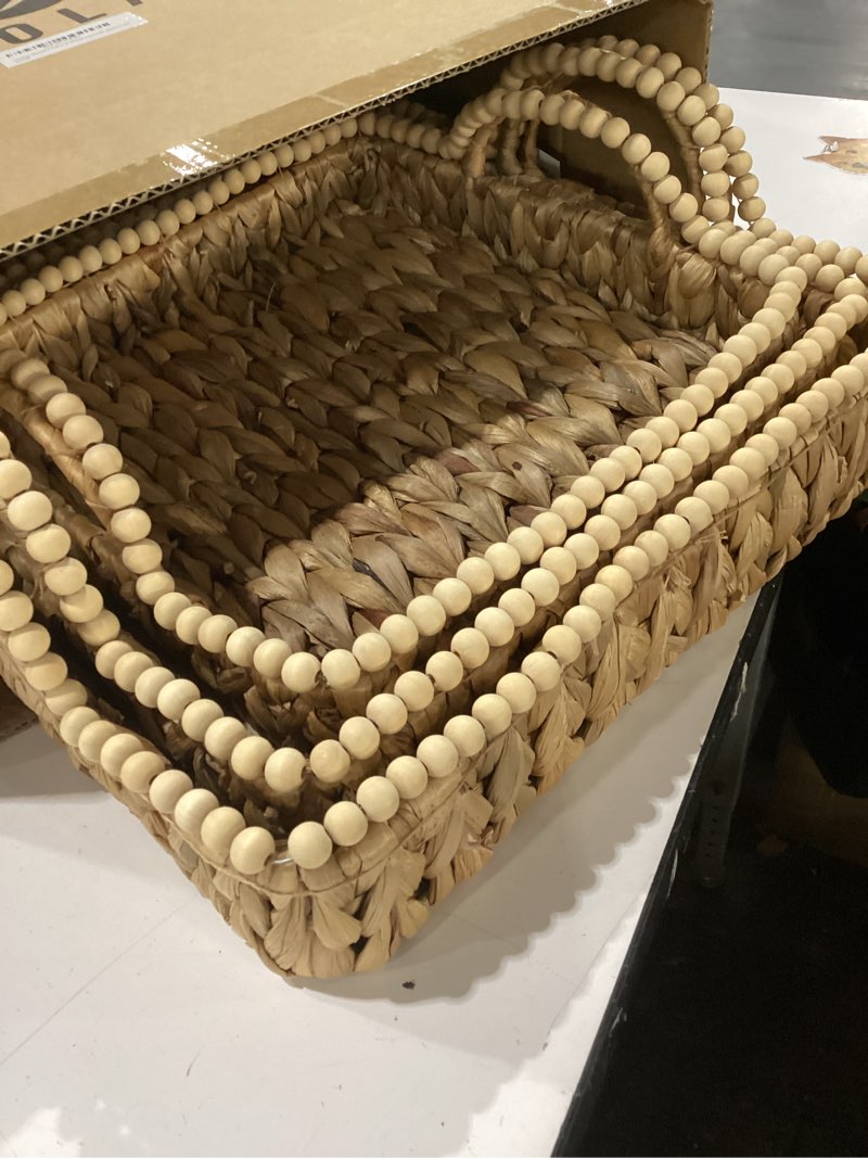 Condition photo showing New/Like New for set of 3 beaded hand-woven water hyacinth storage baskets – rectangular wicker baskets for organizing shelves, pantry & home decor – eco-friendly basket storage with sturdy handles
