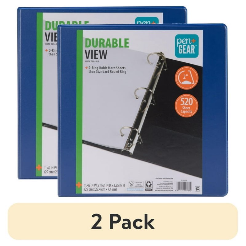 (3 pack) pen+gear durable view 2\" d-ring binder, blue, 1 count
