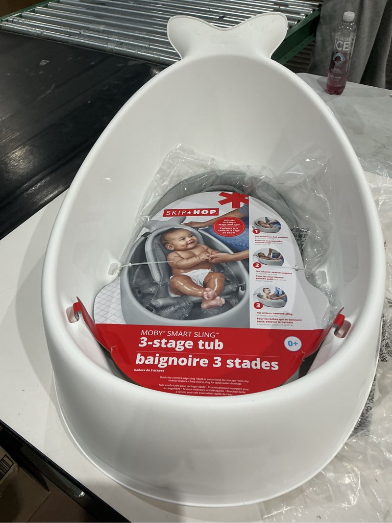 Condition photo showing Good Condition for skip hop infant bath tub 3-stage grow with baby smart sling moby bathtub white age 0+ moby white tub