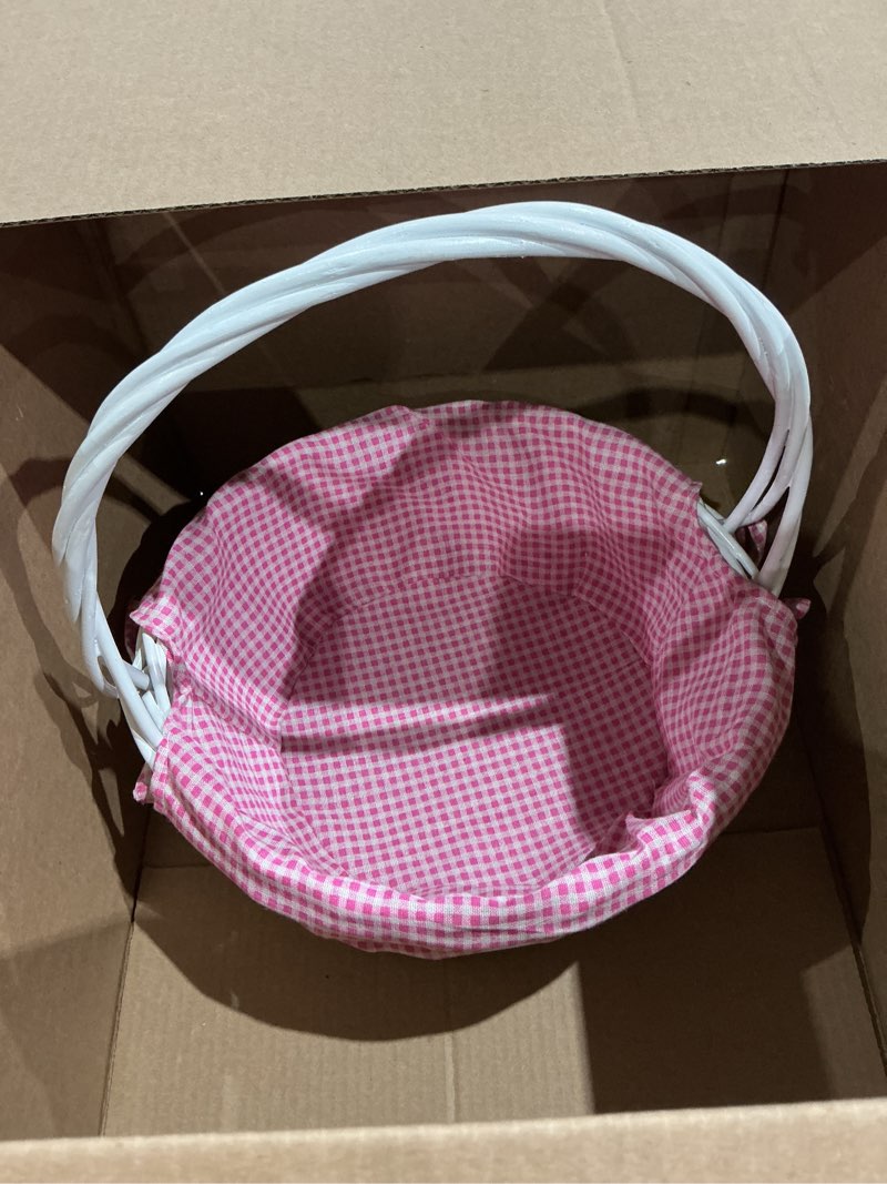 Condition photo showing Good Condition for traditional white round willow gift basket with pink and white gingham liner and sturdy foldable handles, food snacks storage basket, pink small pink foldable handle small