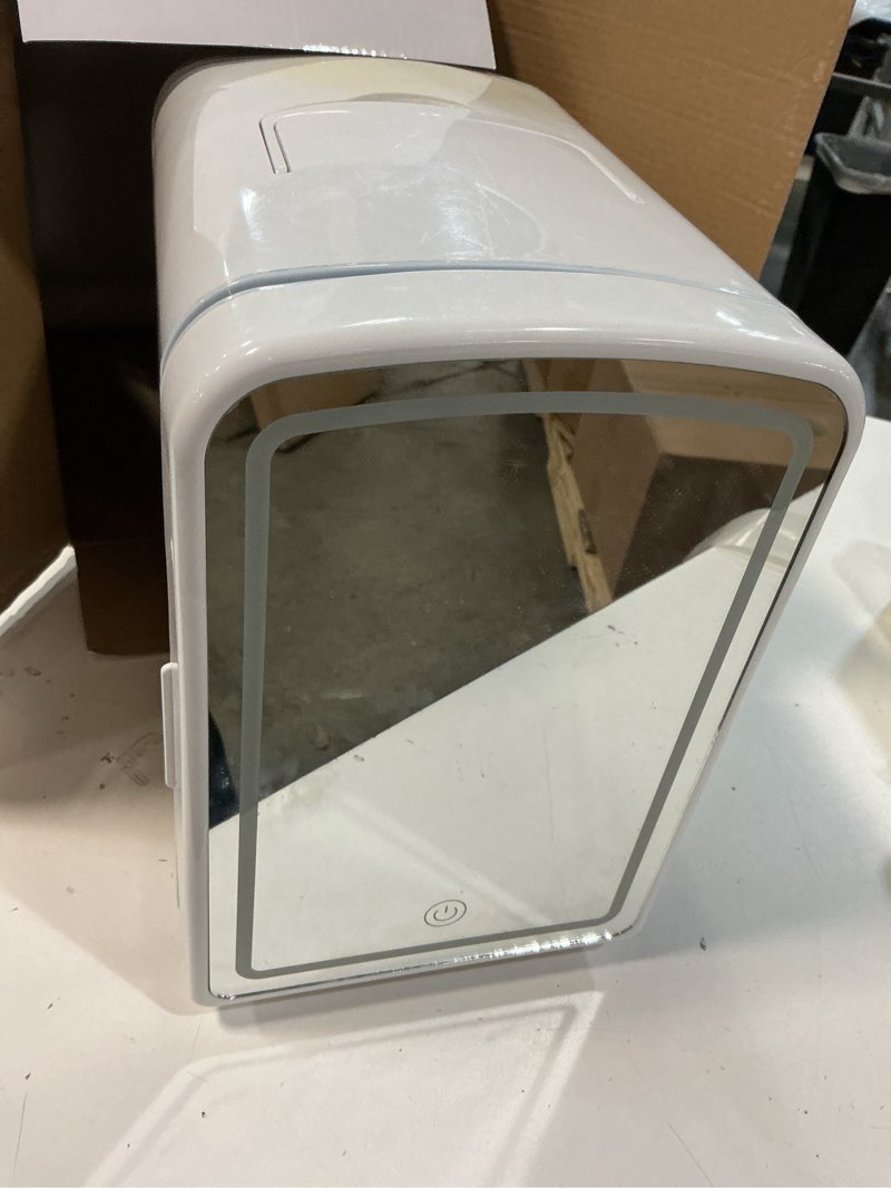 Condition photo showing As Is for Mini Fridge for Bedroom, 6L Skincare Fridge with LED Mirror for Dorm & Office, Portable Cooler & Warmer Small Compact Refrigerator for Skincare, Makeup and Cosmetics A-White-Mirror