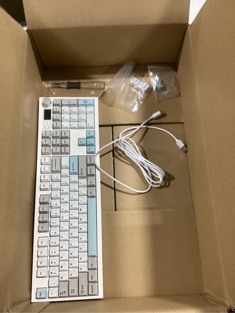 Condition photo showing As Is for EPOMAKER QK108 Full Size Mechanical Keyboard with Screen & Knob, 8000mAh, QMK/VIA, Creamy&Thocky, Gasket, RGB Backlit, Mac Keycap, Wireless Gaming Keyboard (White Cyan, Sea Salt Silent) White Cyan Sea Salt Silent