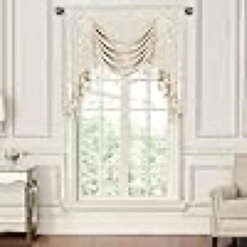 loom and mill european elegant waterfall valance for living room, luxury jacquard framed valances with tassels, gold beige floral curtains for bedroom, window, holiday decor (39 inch, 1 panel)