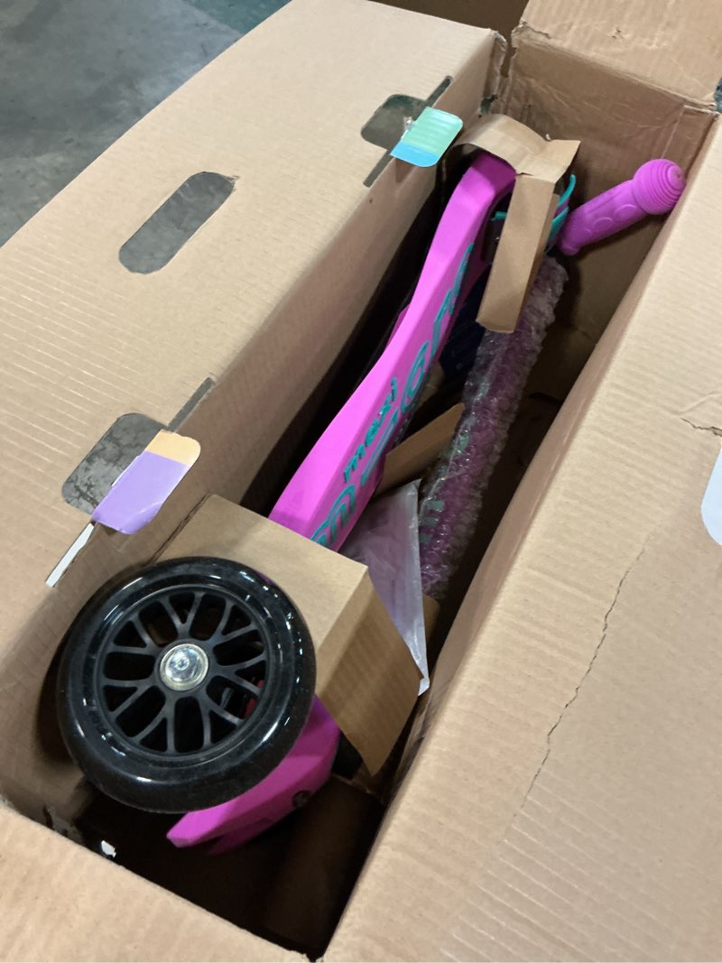 Condition photo showing Good Condition for micro kickboard | maxi kids scooter for ages 5-12 | children up to 110 lbs | 3 wheel lean-to-steer design | adjustable t bar | smooth ride pu wheels | swiss design lavender
