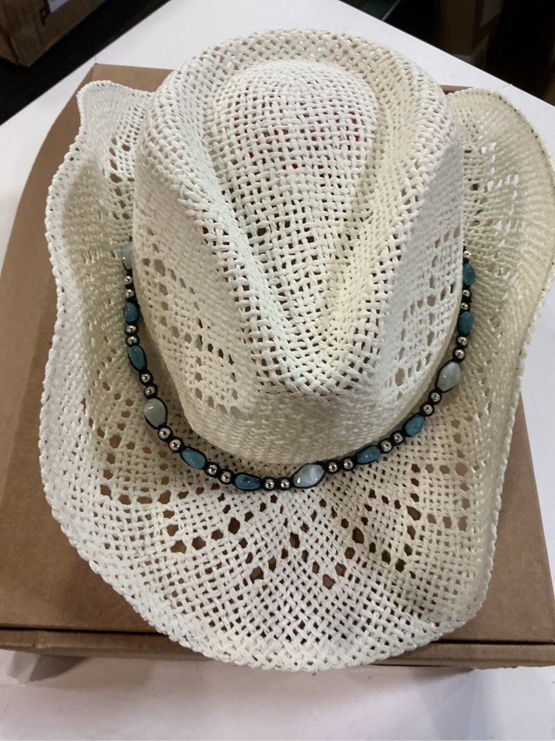 Condition photo showing Good Condition for straw cowboy hat for women with beaded trim and shapeable brim