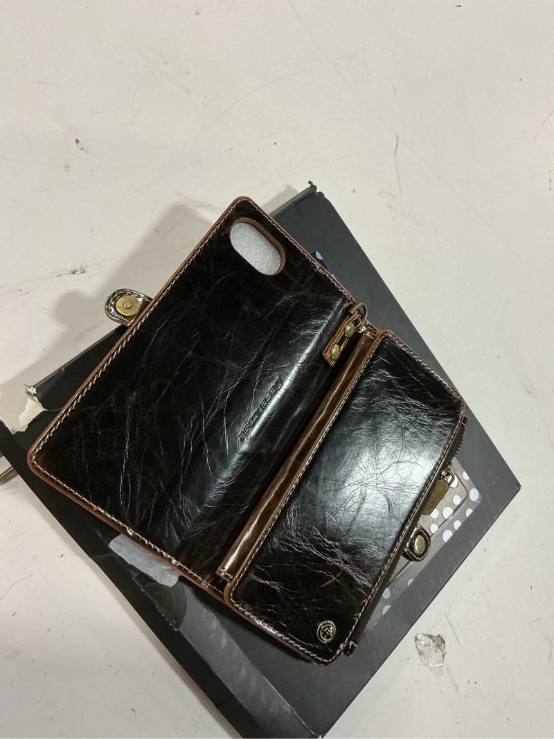 Condition photo showing Good Condition for defencase for iphone 16e/17e case wallet with rfid blocking card holder slots for women men, elegant pu leather magnetic snap flip wristlet strap zipper wallet phone cases for iphone 17e & 16e, coffee iphone 16e/17e coffee