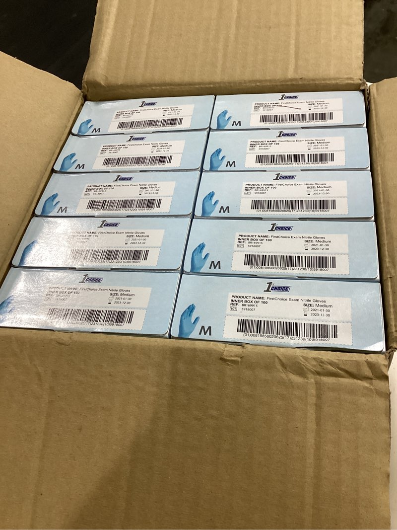 Condition photo showing New/Like New for 1st choice exam blue nitrile gloves - latex free, powder free, non-sterile, medium, 1enm, box of 100, pack of 10