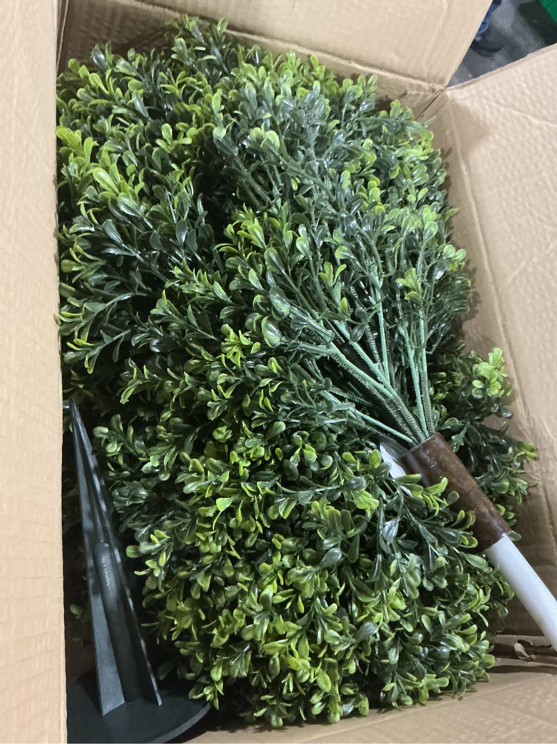 Condition photo showing New/Like New for 24Inch Outdoor Artificial Boxwood Topiary Tree Set of 2 with Ground Spike, UV-Resistant & Waterproof Faux Greenery Low Maintenance Decor for Garden Patio Porch Entryway Indoor Outdoor Green 24in