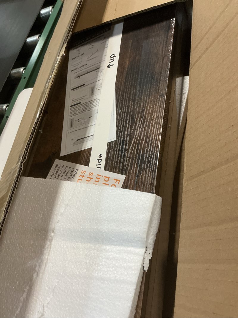 Condition photo showing New/Like New for BAYKA Floating Shelves, 36 inches Long Wall Mounted Rustic Wood Shelves for Bathroom, Bedroom, Living Room, Kitchen, Office, Hanging Shelf for Books/Storage/Decor(Rustic Brown,Set of 2) B. Rustic Brown - Americana Farmhouse Style 36inches?for Media Center & Heavy Books?