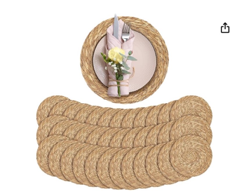Aneco Pack of 36 Round Woven Placemats, 12 Inches, Natural Handwoven, Bohemian Rattan Wicker Rush Placemats, Rustic Braided Farmhouse Style Placemats