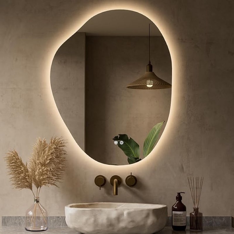 Keonjinn Irregular Backlit Mirror 24 x 30 Inch, Asymmetrical LED Bathroom Mirror with HD Tempered Gl