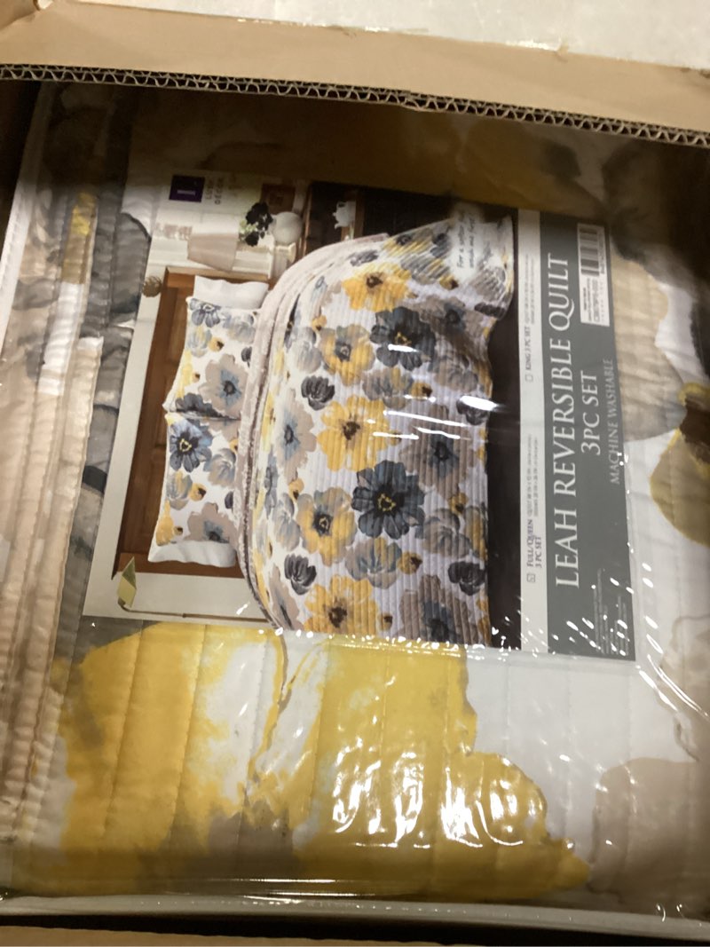 Condition photo showing Good Condition for Lush Decor Leah Reversible Floral Quilt Set, 3 Piece Set, Full/ Queen, Yellow & Gray - Watercolor Botanical - Cottage Core - French Country Decor- Bedding Queen Size Yellow & Gray Full/Queen Quilt Set