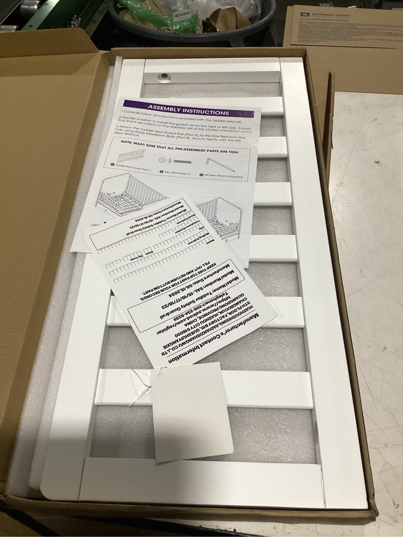 Condition photo showing New/Like New for salcod toddler safe guardrail compatible with delta children crib, white | crib rail for prevent toddler from rolling off the bed, 25.25"w x 0.75"d x 11"h, crib conversion guardrail, wood construction